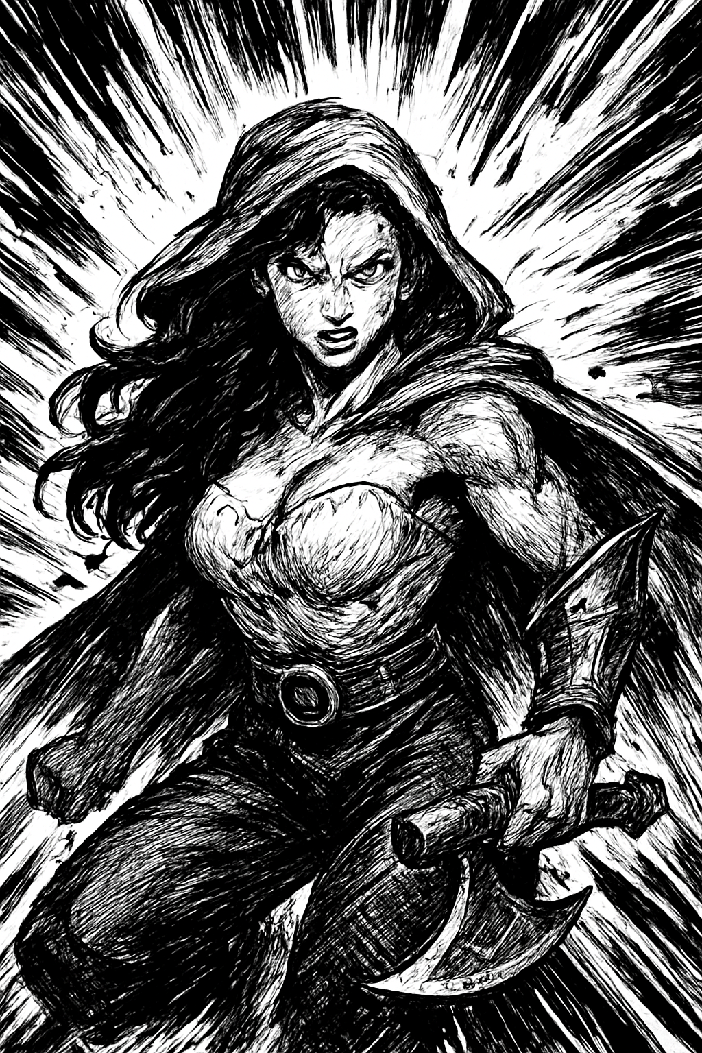 a black and white drawing of a woman with a sword