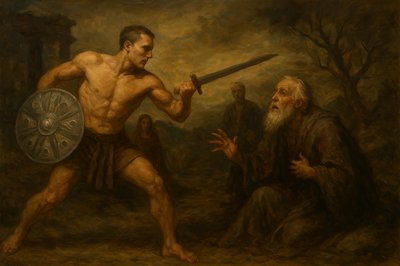 a painting of a man holding a sword next to another man