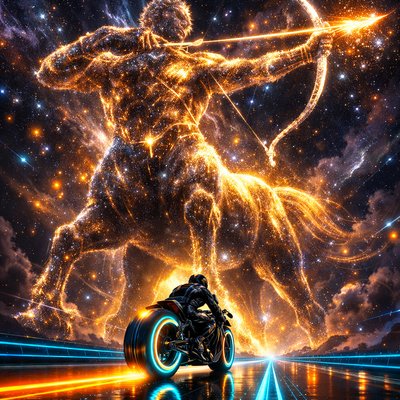 Neon-Futurism Digital Art Style, Bioluminescent Sci-Fi Cosmic Setting, Extreme Low-Angle Perspective. A breathtaking shot looking up from the level of the highway, emphasizing the colossal height of the constellation above.

The Rider & Bike Consistency: The lone motorcyclist—in the exact same sleek, armored suit with integrated helmet—is speeding forward on the same hubless "light-cycle" sportbike. The cyan and orange neon wheel rings leave a perfectly straight, vibrant light trail on the road, reflecting off the glossy surface.

The Path (The Ecliptic): The glowing blue laser-grid highway continues into the distance, appearing as a thin line of light compared to the massive figure towering over it.

The Sagittarius Presence: Looming directly over the highway is the colossal, majestic form of Sagittarius, a centaur made of shimmering stardust and golden data-lines. He is positioned so that the highway passes directly between his towering front legs. Above the rider, the centaur’s torso is twisted as he pulls back a massive longbow made of pure white light.

The Action: An arrow of concentrated solar energy is notched in the bow, pointed toward a distant star cluster. The rider is captured in the moment of passing directly beneath the centaur's underbelly, surrounded by the glow of the "horse" body’s starlight.

Atmosphere: The scene is dominated by golden and white light from the centaur, contrasting with the deep indigo of the cosmic void and the sharp cyan of the bike's neon.