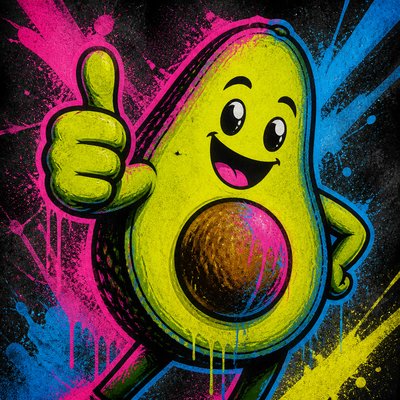 a happy avocado character giving a thumbs up, bold readable design on a plain background, no text