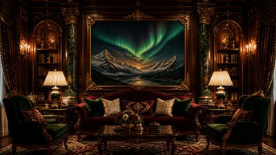 a flowing aurora over snowy peaks, wide sweeping composition, no people, no text