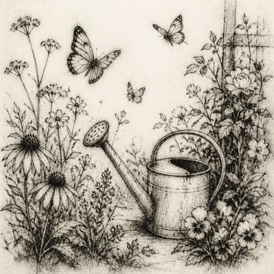 a garden scene with butterflies, flowers and a watering can, clean uncolored line art, no text