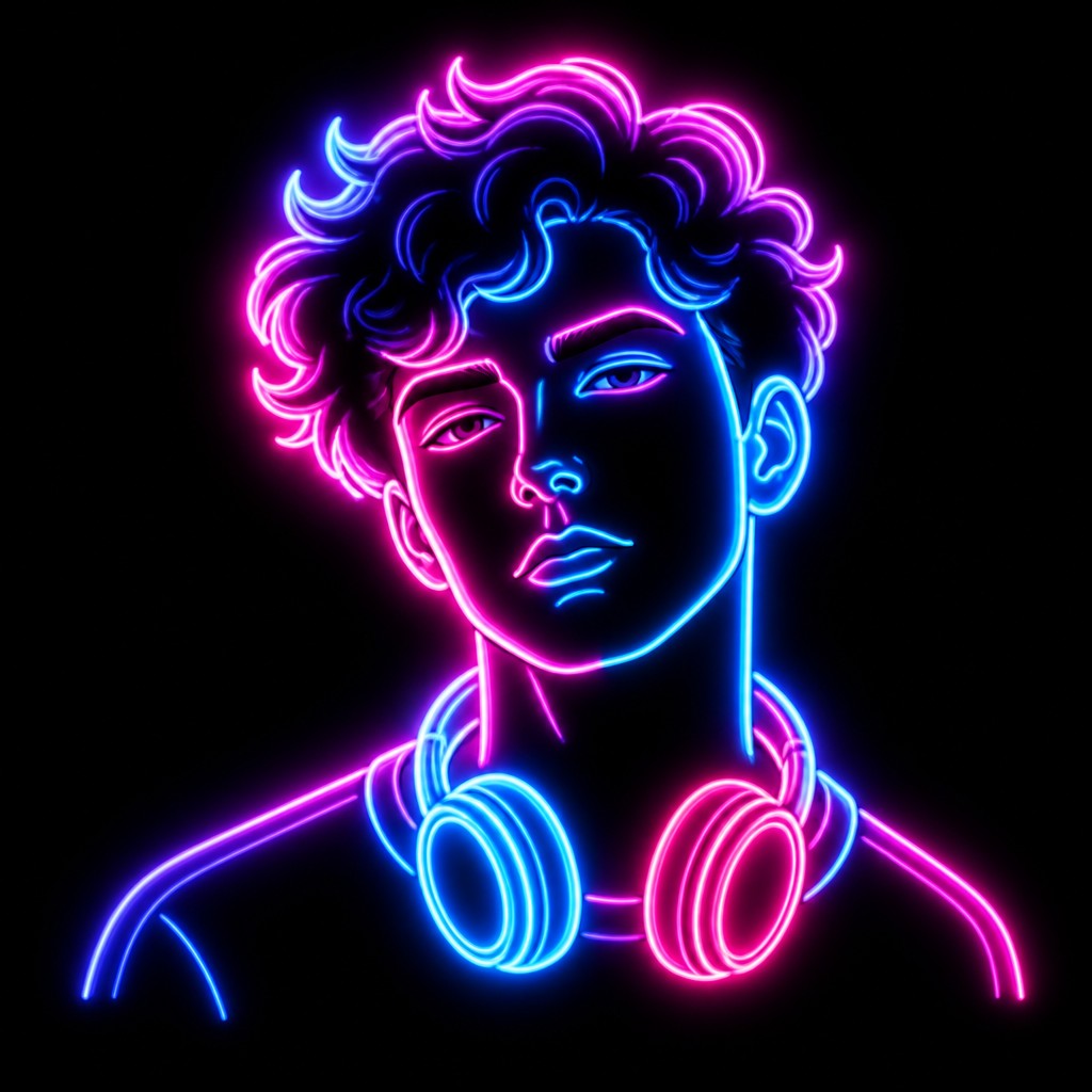 head-and-shoulders portrait of an original character: a young man with curly dark hair and headphones around his neck, plain backdrop, no text