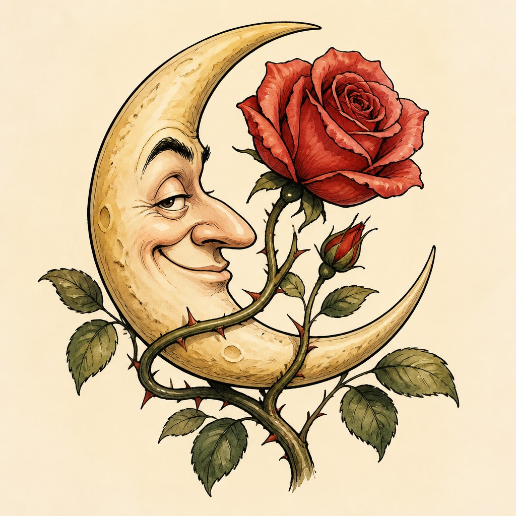 a rose entwined with a crescent moon, clean balanced composition on a plain background, no text