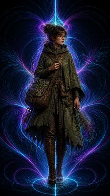 full-body original character: a wandering botanist with a satchel of plants, a patched green cloak, tall boots and round glasses, neutral background
