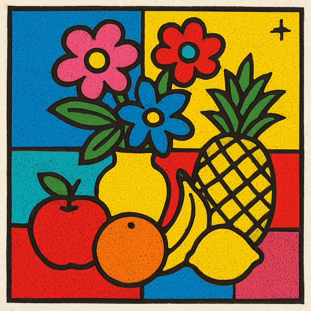 still life arrangement of fruits and flowers