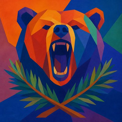 a roaring bear head above crossed pine branches, bold graphic composition on a plain background, no text