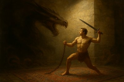 a painting of a man holding a sword in front of a dragon
