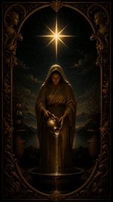 a robed figure pouring water beneath a large eight-pointed star in a night sky, symmetrical composition with an ornate decorative border, no text