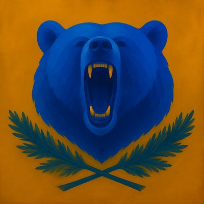 a roaring bear head above crossed pine branches, bold graphic composition on a plain background, no text