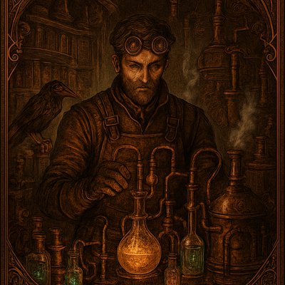 A steampunk alchemist stands in a cluttered workshop illuminated by the warm glow of gas lamps. He wears a leather apron adorned with brass buckles and a pair of intricate goggles perched on his forehead. His gloved hands tinker with a bubbling alembic connected by coiled copper tubes to a maze of glass vials filled with glowing, iridescent liquids. The background is a mix of Victorian elegance and industrial grit--ornate wooden shelves lined with dusty tomes and jars of exotic ingredients, alongside rusted gears and steam-powered contraptions whirring softly. A faint mist of steam rises from a brass furnace, and a mechanical raven with glowing red eyes perches on a nearby stand, observing the scene with curiosity.