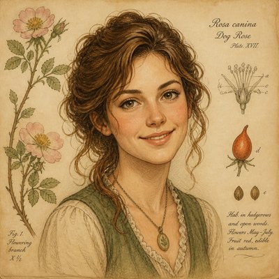 head-and-shoulders portrait of an original character: a young woman with wavy chestnut hair and a warm smile, plain soft backdrop