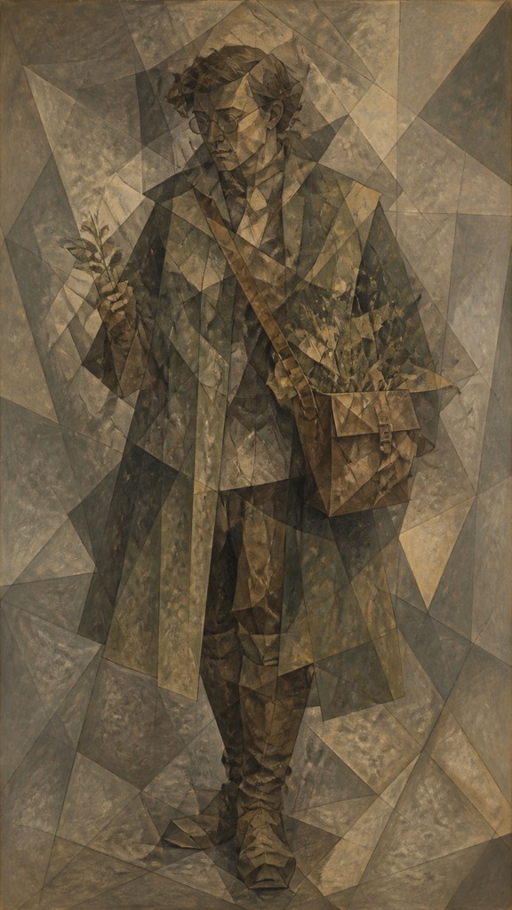 full-body original character: a wandering botanist with a satchel of plants, a patched green cloak, tall boots and round glasses, neutral background