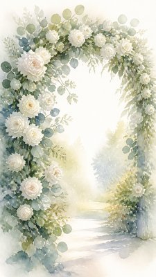 an arch of white roses and eucalyptus in soft morning light, elegant vertical composition with open space, no text