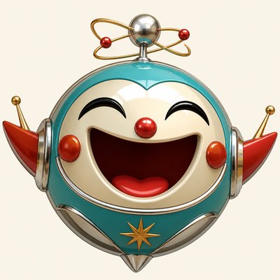 an exaggerated laughing face of an original round mascot character, bold and readable at small size, plain background, no text