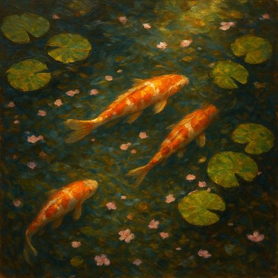 A koi pond seen from above, orange and white koi fish swimming among lily pads, clear water with subtle ripples, fallen cherry blossom petals floating on the surface, dappled sunlight