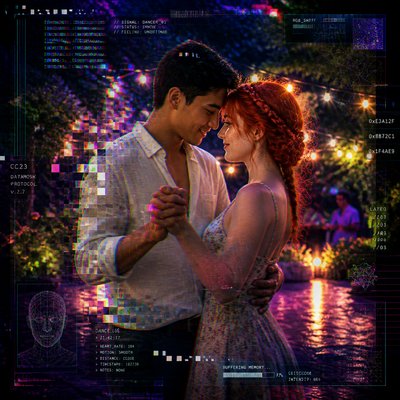 an original couple dancing under string lights in a garden at dusk: a man with short black hair in a linen shirt and a woman with braided red hair in a summer dress