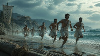 ancient greek olympic athletes running along the sea shore in the early morning