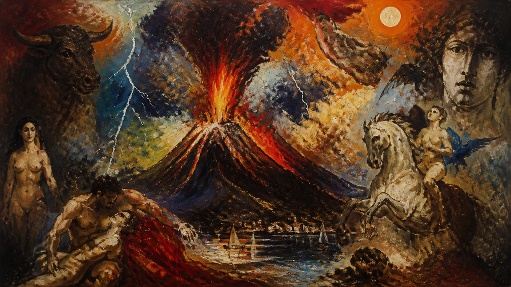 an erupting volcano with lightning strikes, dramatic wide composition, no text