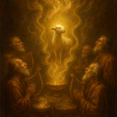A majestic and reverent scene, directly inspired by Revelation 5:8. A group of elderly, robed figures are kneeling in worship, their faces and attention directed towards a central focal point. Each elder holds a golden harp in one hand and a golden bowl brimming with luminous, swirling incense in the other. The incense, representing the collective prayers of all saints, rises in shimmering, golden tendrils from each bowl, converging and ascending towards the central figure. At the very center of the composition, slightly elevated and bathed in radiant light, stands the Lamb who was slain, embodying divine power and sacrifice, the recipient of all this worship. The atmosphere is ethereal, filled with soft, divine golden light emanating from the incense and the Lamb, emphasizing the precious, sacred, and unified nature of the prayers being offered before Him. Focus on the rich textures of gold, the reverence of the elders, and the radiant presence of the Lamb