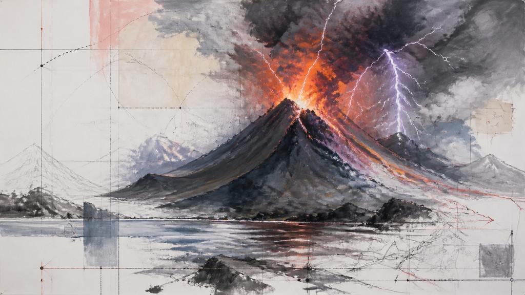 an erupting volcano with lightning strikes, dramatic wide composition, no text