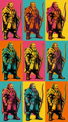 full-body original character: a dwarven ranger with a braided auburn beard, worn leather armor, a longbow and a wolf-pelt cloak, neutral background, no text