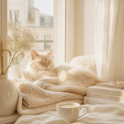 a cat lounging in a sunlit window