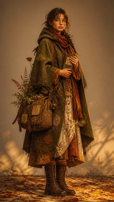 full-body original character: a wandering botanist with a satchel of plants, a patched green cloak, tall boots and round glasses, neutral background