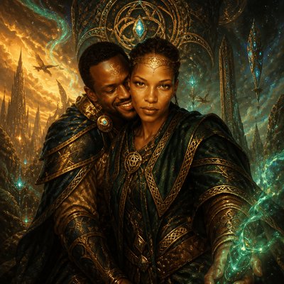 a painting of a man and a woman embracing