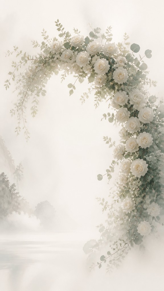 an arch of white roses and eucalyptus in soft morning light, elegant vertical composition with open space, no text