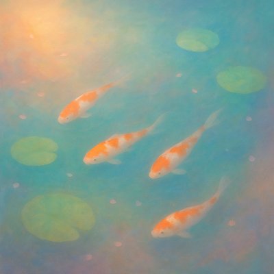 A koi pond seen from above, orange and white koi fish swimming among lily pads, clear water with subtle ripples, fallen cherry blossom petals floating on the surface, dappled sunlight