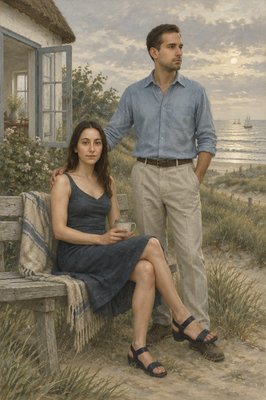 a painting of a man and a woman sitting on a bench