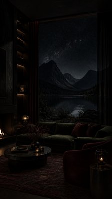 a tranquil mountain lake beneath a starry night sky, no people, no text