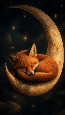 a sleeping baby fox curled on a crescent moon among soft stars, gentle and warm, no text