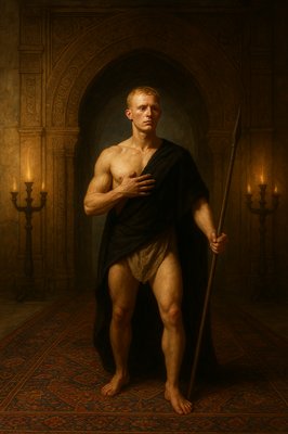 a painting of a man holding a staff