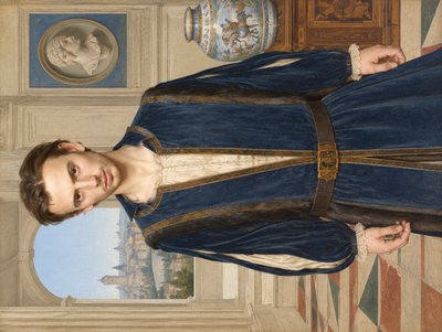 a painting of a young man in a blue dress
