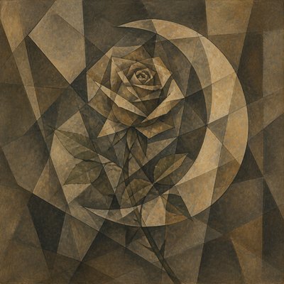 a rose entwined with a crescent moon, clean balanced composition on a plain background, no text