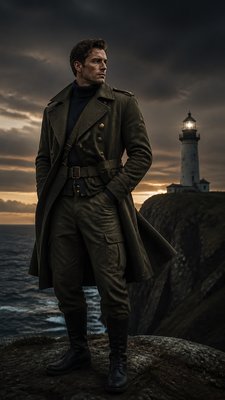 a lone lighthouse on a cliff at dusk under a dramatic sky, no text or lettering