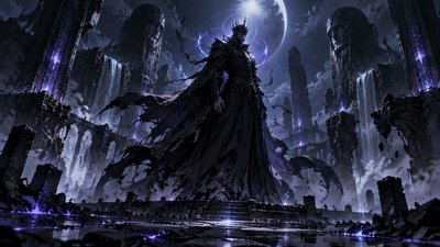 Create a unique signature artwork for a dark cinematic music channel. A mysterious monumental figure stands alone at the center of an ancient forgotten world, partially hidden in deep shadow, with an otherworldly dark aura surrounding its head and body. The figure should feel powerful, intelligent, mysterious and almost mythical, but not recognizable as any existing character or mythology. Behind it, enormous ancient stone structures disappear into black mist, with subtle floating particles, smoke, dust and faint sparks. A narrow beam of cold moonlight cuts through the darkness from above, creating dramatic volumetric lighting and a powerful silhouette. Add subtle energy waves and faint glowing cracks in the environment, as if ancient power is awakening beneath the surface. Extremely cinematic composition, dark fantasy atmosphere, mysterious and haunting mood, premium music-album artwork, deep blacks, charcoal, cold silver and very subtle blue-violet highlights, high contrast, realistic textures, atmospheric depth, sophisticated lighting, sharp central subject, elegant negative space, visually iconic and instantly recognizable, no generic fantasy clichés, no famous characters, no mythology symbols, no text, no logo, no watermark. Ultra-detailed, photorealistic cinematic concept art, masterpiece quality, 16:9 widescreen.