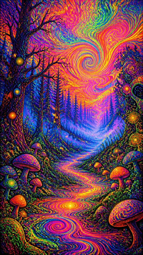 a mysterious forest path with fireflies and drifting mist, atmospheric vertical composition with open space at the top, no text