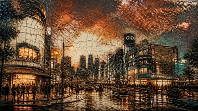bustling city street panorama at dusk