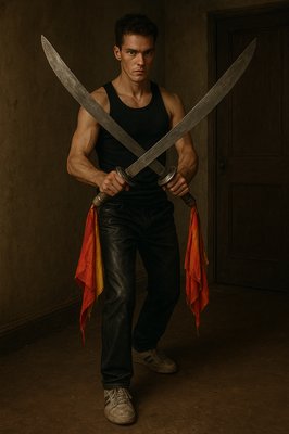 a man holding two large knives in his hands