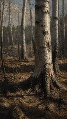 a serene birch forest in soft morning light, no people, no text