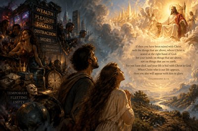 show contrasting scene of distractions on the left as a man and woman look up at Jesus in the upper right side on his throne looking at them, use quote from the Scripture verse “If then you have been raised with Christ, seek the things that are above, where Christ is, seated at the right hand of God. Set your minds on things that are above, not on things that are on earth. For you have died, and your life is hid with Christ in God. When Christ who is our life appears, then you also will appear with him in glory.” 
– Colossians 3:1-4 
