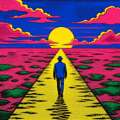 a solitary figure walking toward a glowing horizon across an empty plain, moody atmosphere, no text or lettering