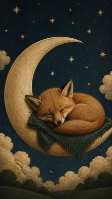 a sleeping baby fox curled on a crescent moon among soft stars, gentle and warm, no text