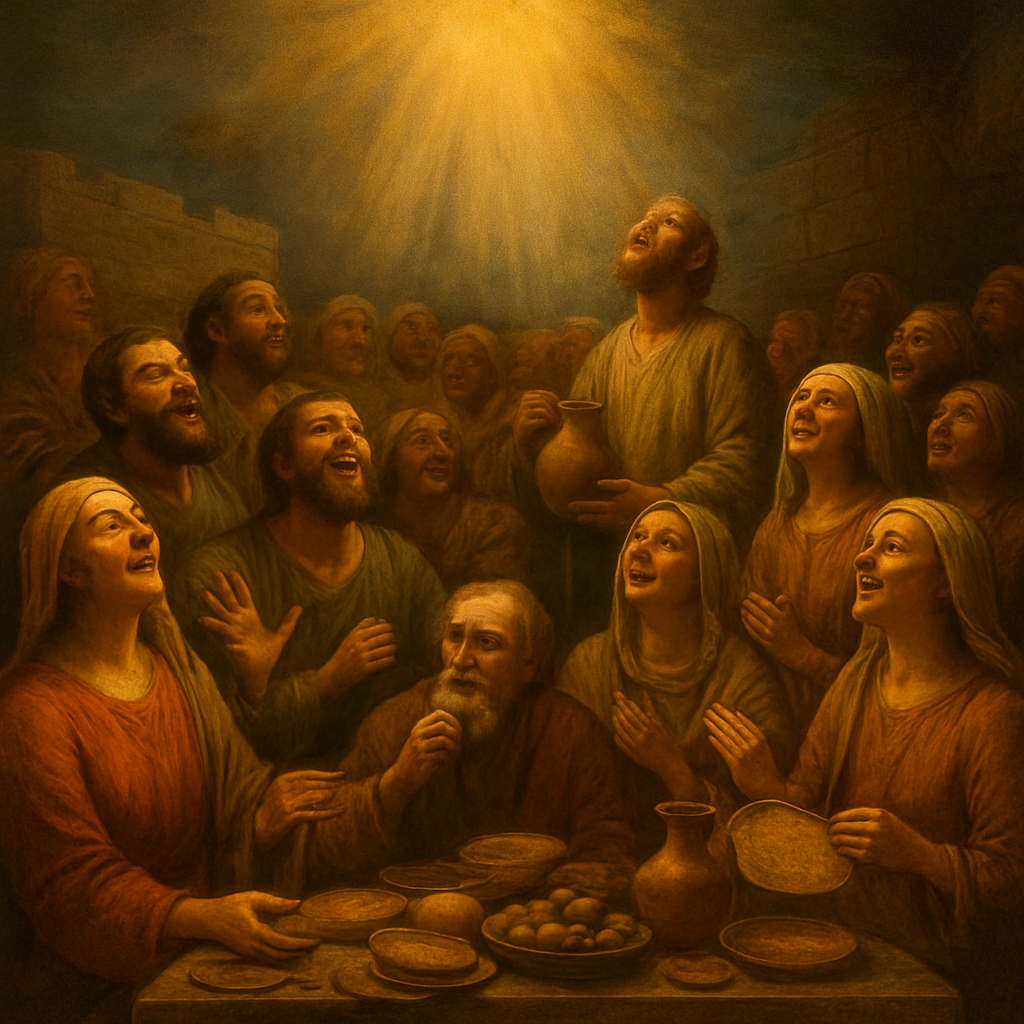 Renaissance Painting Art Style, Symbolism Art Style, a profoundly joyful and uplifting painting inspired by Nehemiah 8:10, emphasizing "the joy of the Lord is your strength." The scene depicts a vibrant, bustling gathering of diverse ancient Israelites, engaged in a communal feast and celebration. People of all ages are shown with radiant, happy faces, some laughing heartily, others sharing food and drinks, and many with expressions of deep, peaceful contentment and spiritual upliftment. A few figures have their heads tilted upwards or hands gently raised, as if receiving a subtle, warm, golden divine light that bathes the scene, emanating from above and symbolizing the presence and strength of the Lord. The setting is an outdoor gathering, perhaps near a restored wall or a communal square, filled with rich textures of food, drink, and colorful garments. The atmosphere is one of shared delight, spiritual renewal, and unbreakable strength. Focus on the authentic, diverse expressions of joy on each individual's face, the sense of vibrant community and shared celebration, and the ethereal, empowering golden light that symbolizes the Lord's strength.