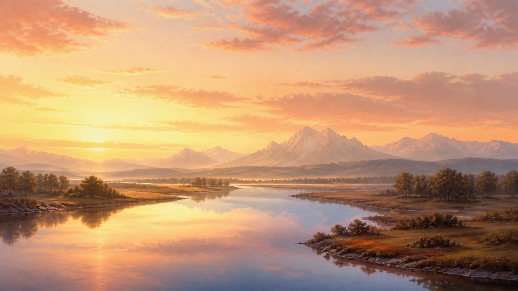 a vast valley with a river winding toward distant mountains at sunrise, no people, no text