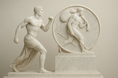 a statue of a man standing next to a statue of a man