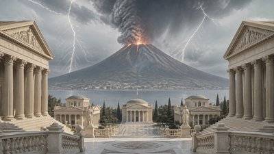 an erupting volcano with lightning strikes, dramatic wide composition, no text